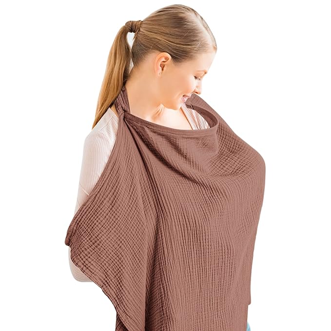 Konssy Muslin Nursing Cover for Baby Breastfeeding, Breathable 100% Cotton Breastfeeding Cover with Rigid Hoop for Mother Nursing Apron, Multi-use Carseat Canopy (Chestnut)