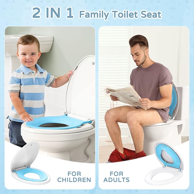 YASFEL Toddler Toilet Seat, Potty Training Toilet Seat for Toddlers, Kids & Adults Plastic Toilet Seats Elongated Slow Close with Magnets(Blue White, 18.5”)