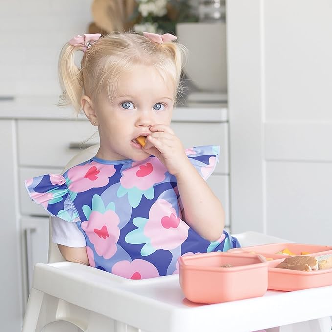 Tiny Twinkle Mess Proof Baby Bibs | 2 Pack Waterproof Toddler Bib for Eating | Baby Apron for Feeding, Machine Washable, Perfect Shower Gift (Blue Floral,Unicorn, 6–24M)