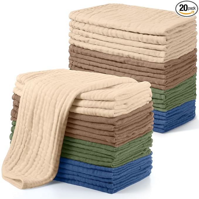 Buryeah Muslin 20 Pcs Burp Cloths Large 20" x 10" 100% Cotton 6 Layers Ultra Absorbent and Soft Hand Washcloths for Baby Drool and Messes Gentle Burp Cloth for Boys & Girls(Vintage Color)
