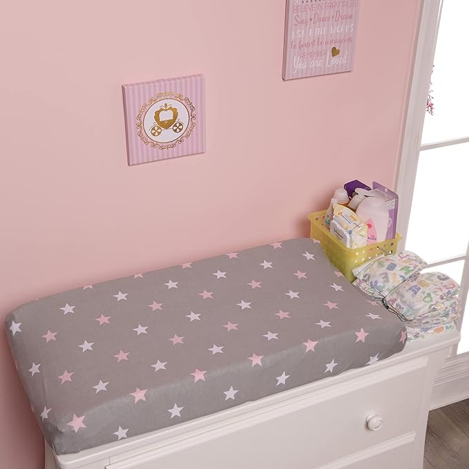 EVERYDAY KIDS 2 Pack Baby Changing Pad Covers for Baby Girl – Fits Most Changing Table Pads; 100% Cotton Jersey Knit, Breathable, Soft Changing Table Topper – Pink, Purple Owls and Pink, White Stars