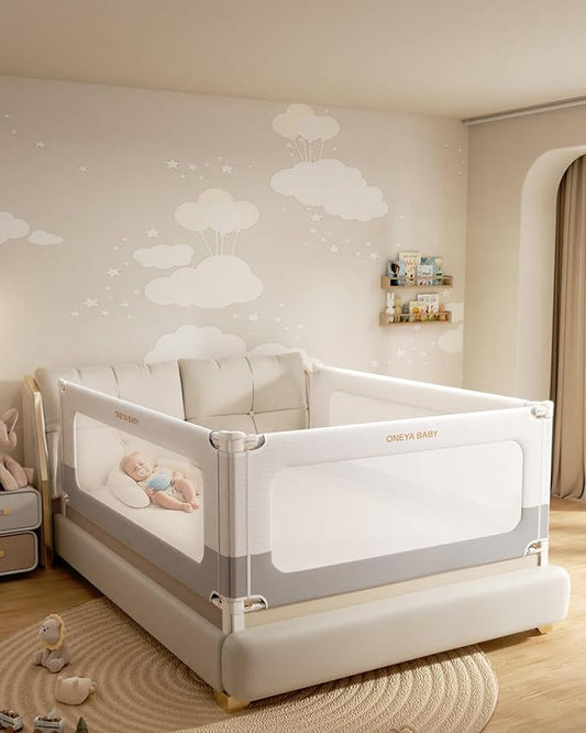3 Piece Full Size Bed Rails for Toddlers, No-drill Needed Baby Bed Rail Guard with Height Adjustable, Thickened & Reinforced Child Safety Side Railing Guards/Bedrail for Kids,White/Grey, 54x74.8x74.8”