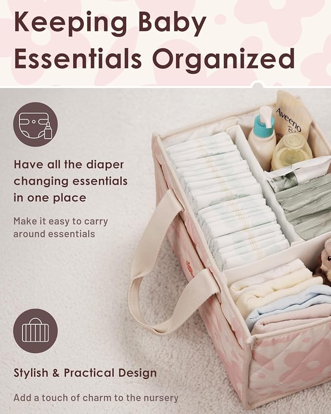 Tiny Marvels Diaper Caddy Organizer for New Parents, Water-Resistant Baby Diaper Caddy, Newborn Essentials Registry Search Must Haves, Structured Diaper Caddy Basket for Nursery, Car & Travel
