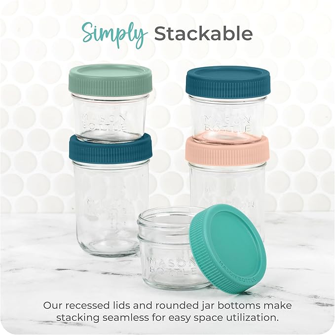 Mason Bottle 4oz Breast Milk Storage Jars (12-Pack) – Reusable Glass Baby Food Containers with Lid for Baby Formula & Breastmilk – Airtight, Stackable, Freezable (Deep Ocean)