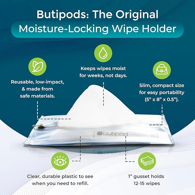 Butipods Reusable Travel Wipes Case - Portable Moisture-Retaining Pouch, Slim Holder and Convenient Container for Diaper Bag, Dispenser for Hand, Face, Makeup Removal, and Wet Wipes - Set of 2 (Clear)