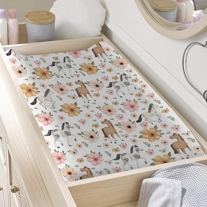 Changing Pad Covers Watercolor Horse Floral Baby Diaper Changing Pad Cover for Boys Girls Soft Breathable Stretch Fitted Diaper Change Table Pad Covers 32''x16'' White