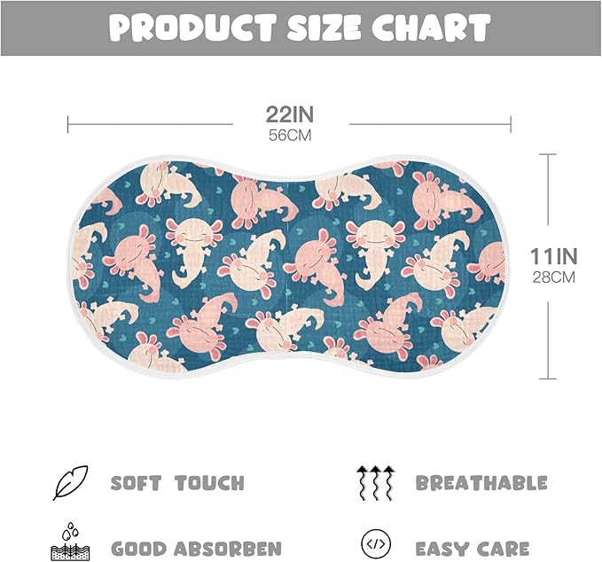 Muslin Burp Cloths for Baby Boys and Girls - 4-Pack Ultra Absorbent Cute Axolotl Muslin Washcloths, Newborn Towel, Milk Spit Up Rags, Burp Cloth Bib for Unisex, 22 x 11 Inch