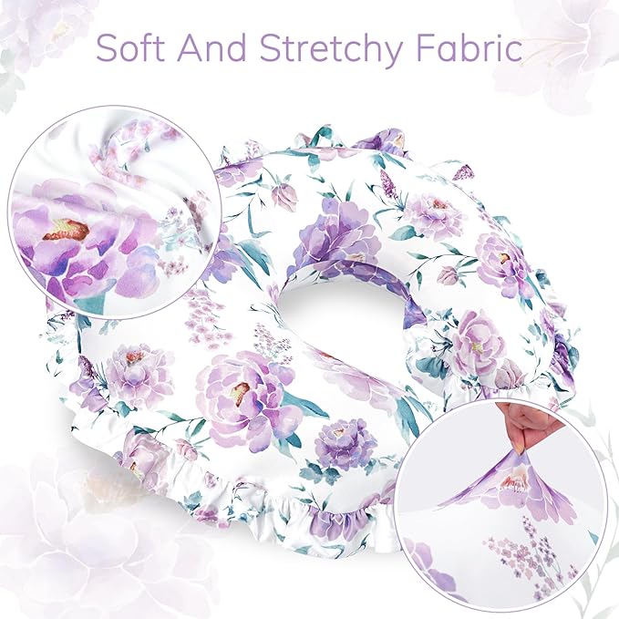 Ruffle Nursing Pillow Cover, Removable Stetchy Case for Breastfeeding Pillows, Ultra Soft and Breathable Feeding Pillow Slipcover with Modern Design Lace for Infant Girls Boys, Purple Floral