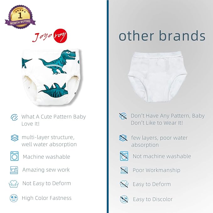 Joyo roy Soft Potty Training Pants 4 Packs Reusable Toddler Training Underwear 18-24 Months 100% Cotton Absorbent Kid Confident Potty Training Underwear for Boys Stretchable Waterproof Pee Pants