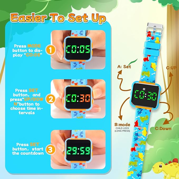 Potty Training Watch & Chart for Kids: Water Resistant Potty Watches Dinosaur Potty Training Chart for Toddler Boys Adjustable Volume Toilet Reminder with Reward Stickers Gifts for Boy (Blue)