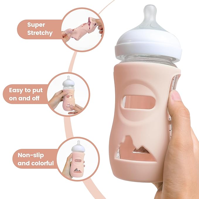 4 Pack Silicone Sleeves for Philips Avent Natural Glass Baby Bottles, Food Grade Silicone Cover and 4pcs Travel Caps, Lids Replacement (4Pink, 8oz)