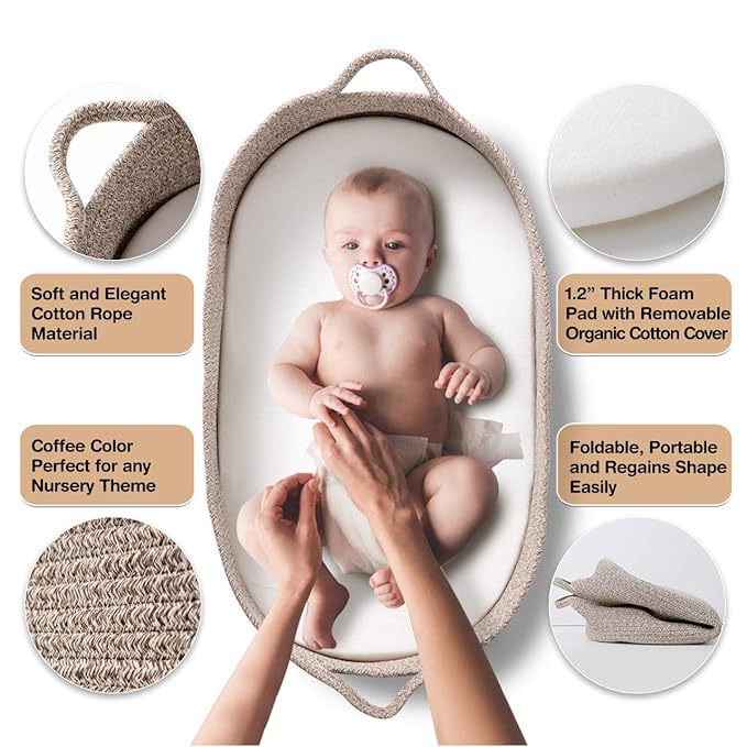 Baby Changing Basket - Moses Basket Changing Table Topper and Thick Foam Pad with Removable Cotton Mattress Cover, 100% Cotton Boho Nursery Decor with Storage Bag