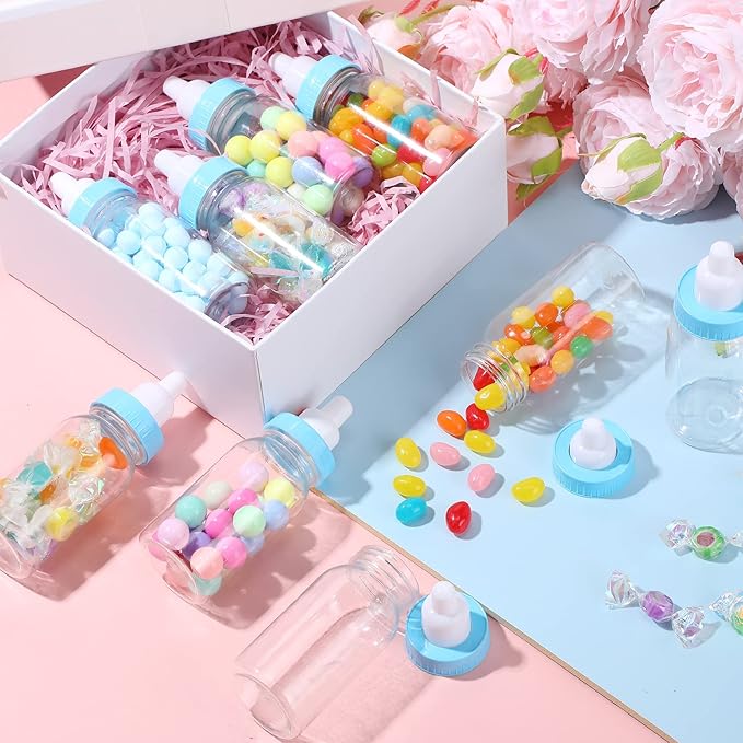 48 Pcs 4.5 Inch Baby Bottle Shower Favor Mini Plastic Candy Bottle Baby Shower Fillable Feeding Candy Box for Party Boy Girl Birthday Newborn Baptism with Removable Blue Tops