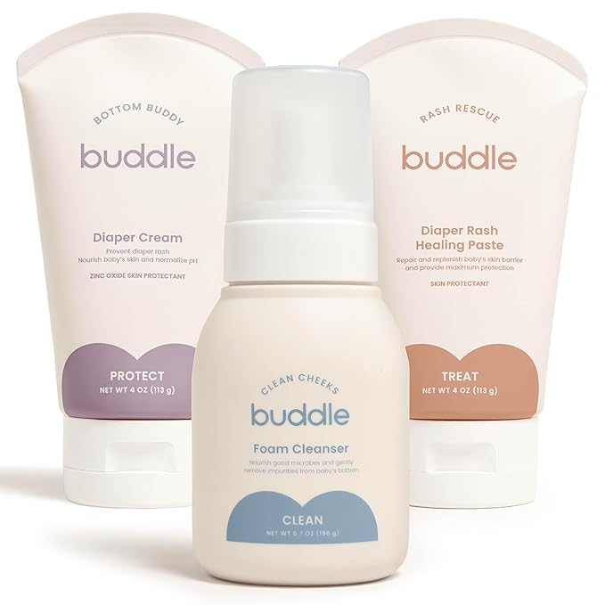 Buddle Diaper Rash 3-Piece System, 40% Zinc Oxide Ointment, Diaper Cream & Foam Cleanser for No-Rinse Cleansing
