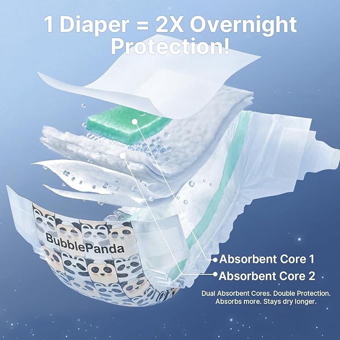 BubblePanda Overnight Diapers, Baby Diapers Nighttime Protection with Dual Absorbent Core, Wider Absorbent Zone, Leak Proof & Soft Surface, Disposable(Size 7, Count 60)