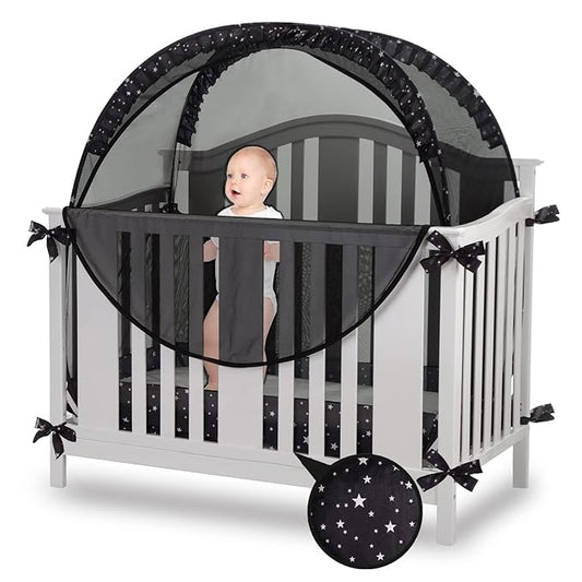 Safety Crib Tent to Keep Baby in Pop up Mosquito Net Netting Canopy Mesh Cover for Toddler - Black