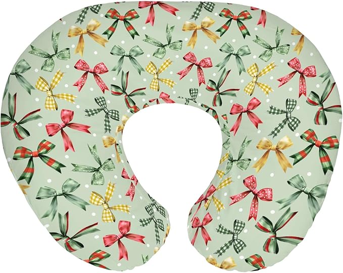 Christmas Bows Baby Nursing Pillow Covers for Boy Girl Winter Bows Plaids Nursing Pillow Slipcovers for Breastfeeding Pillows Girly Christmas Ribbons Soft Stretchy Removable Covers for Newborn Infant