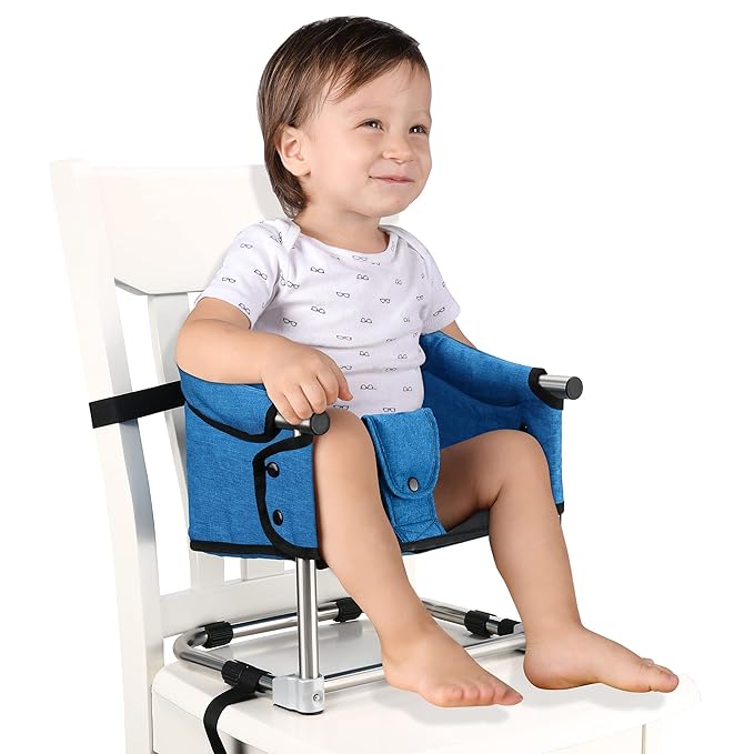 Booster Seat for Dining Table, 3-in-1 Portable Toddler Booster Chair with Safety Buckle, Height Adjustable & Foldable Baby Feeding Seat, Travel High Chair with Storage Pocket - Bright Blue