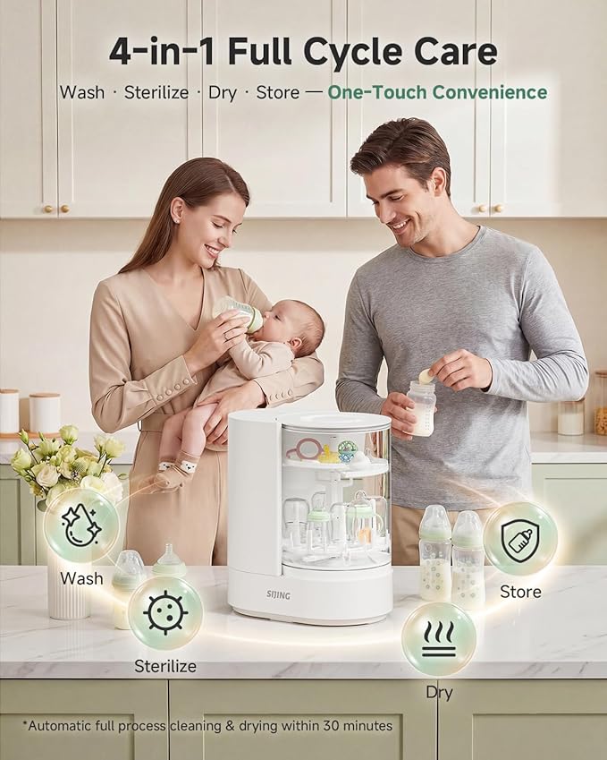 SIJING Bottle Washer & Sterilizer Dryer, Glass Baby Bottle Washer, No Plastic Contact, Automatic Bottle Cleaner with 360° Spray, High-Temp Steam for Pump Parts