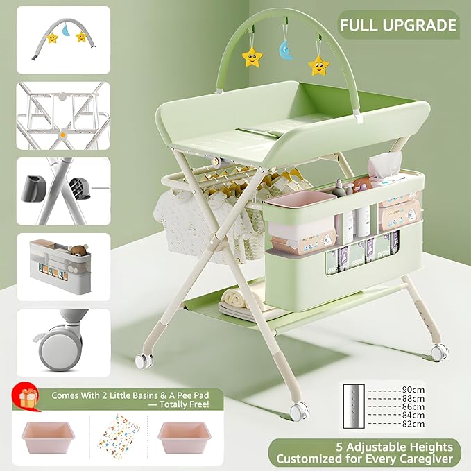 Changing Table, Portable Baby Changing Table with Wheels, Upgraded Foldable Diaper Changing Station with 5-Level Adjustable Height & Large Nursery Organizer Storage for Newborn Infant (Green)