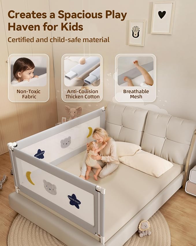 2 Piece Bed Rails for King Size Bed, No-Drill Needed Baby Bed Rail Guard for Toddlers with Height Adjustable, Thickened Child Safety Side Railing Guards/Bedrail for Kids, Grey Star, 74.8x78.7Inches