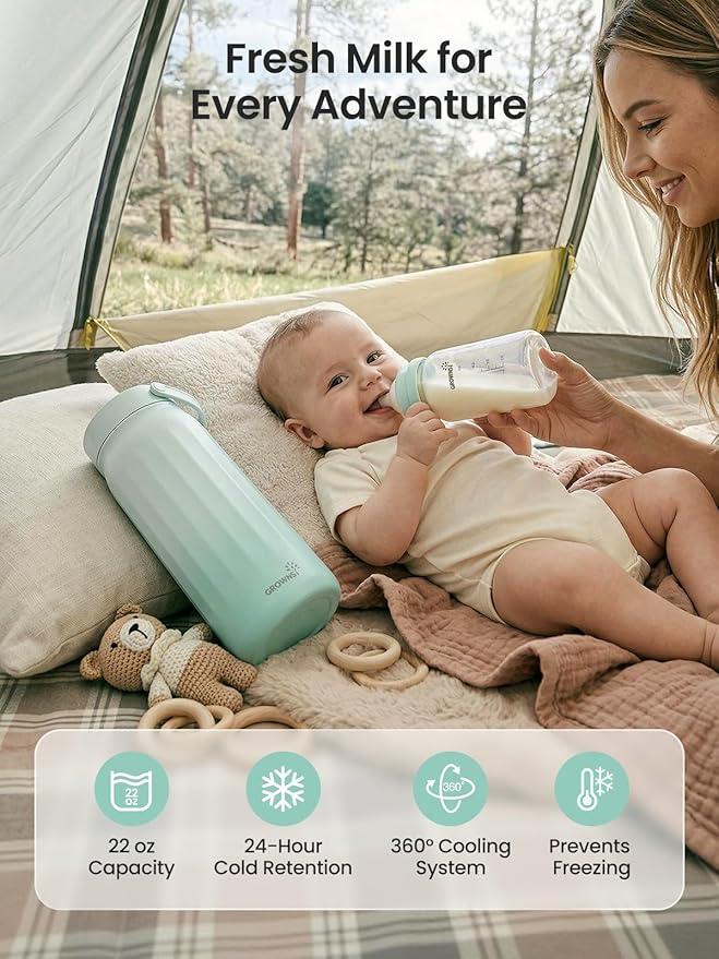 Grownsy 22oz Portable Breast Milk Cooler, 360° Stainless Steel Chiller Keeps Breastmilk Fresh for 24H, No Ice Crystals,Milk Cooler with 2 Baby Bottles for Work & Travel, Baby Breastfeeding Essential