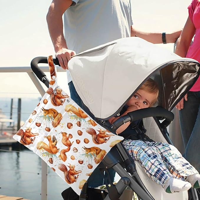 visesunny Cute Squirrel Hazelnut 2Pcs Diaper Changing Totes Wet Bags with Zippered Pockets Washable Reusable Roomy Cloth Diaper for Travel,Beach,Daycare,Stroller,Dirty Gym Clothes,Wet Swimsuits,Toilet