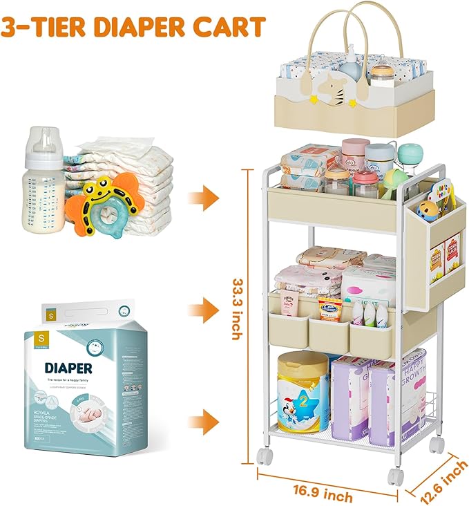 Diaper Cart Rolling Storage, 3-Tier Nursery Organizer with Removable Diaper Caddy, Mobile Metal Caddy for Baby Wipes & Toys, Small Utility Cart for Tight Spaces