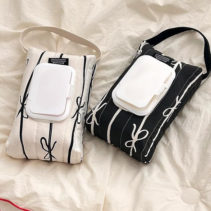 Travel Friendly Wet Wipe Storage Case Quilted Sturdy Cotton Storage Bag With Fashionable Stripe And Bowknot Detail, Black