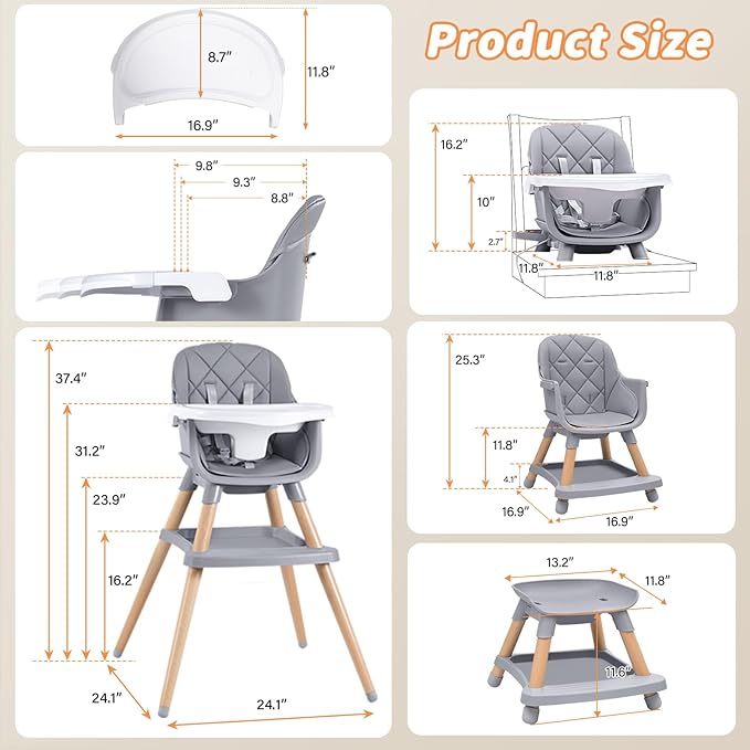 Babyliebe Baby High Chair, 8 in 1 Convertible Wooden High Chair for Babies and Toddlers, Converts to Booster Seat, Toddler Chair & Stool, with Removable Double Tray, Adjustable Legs & Footrest (Gray)