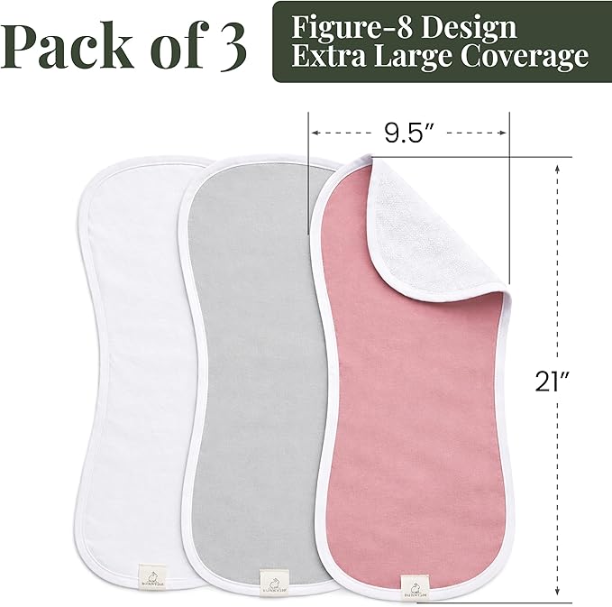 GOTS Organic Cotton Burp Cloths Baby Boy & Girl – 3 Pack Organic Cotton Burp Cloth for Babies, Soft & Plush Long Stable Turkish Cotton for Newborn, Baby Essentials (Blush Mist Collection)