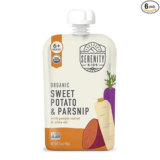 Serenity Kids 6+ Months Veggie Puree Baby Food Pouches - USDA Organic Baby Snacks - No Added Sugar Toddler Food - 1 Serving of Veggies for Toddler Snack - Sweet Potato & Parsnip - 3.5 Oz, Pack of 6