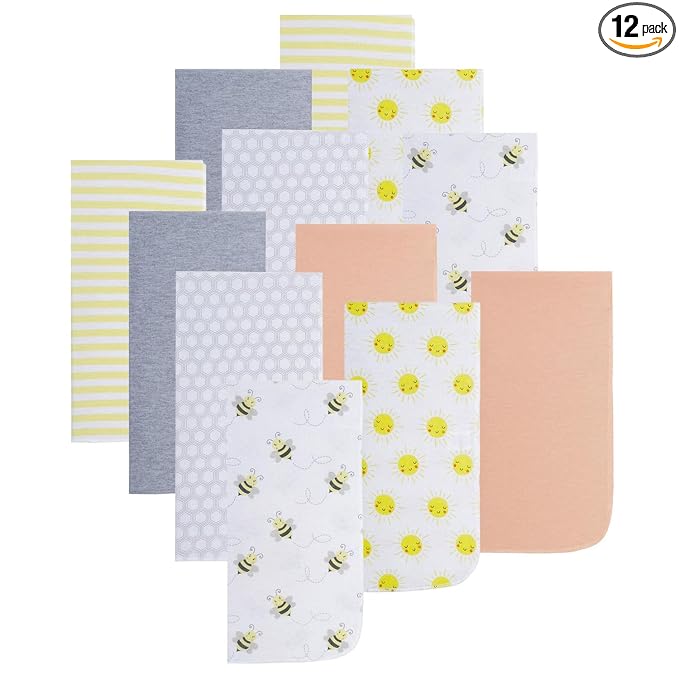 EVERYDAY KIDS 12 Pack Burp Cloths for Baby Boys and Girls - Bees, Sun and Stripes
