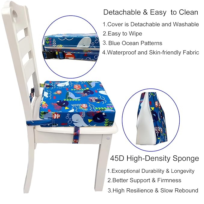Toddler Booster Seats for Kitchen Chair with Double Safer Straps Non-Slip Bottom for Kids, Portable Travel High Density Sponge Detachable Cushion for Boys Girls (Blue Ocean S)