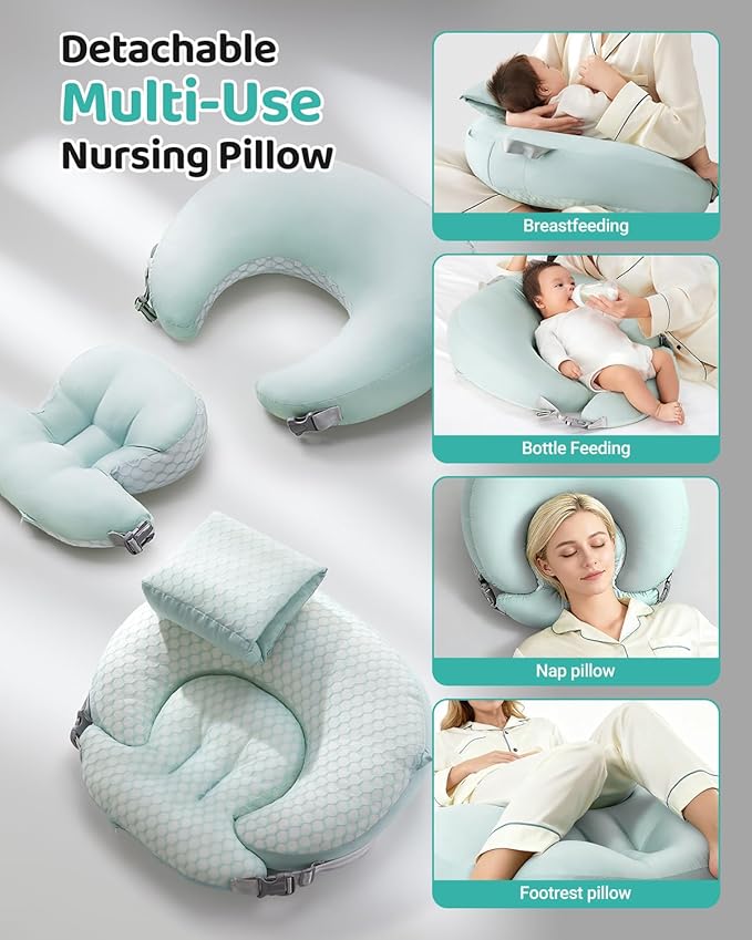 Nursing Pillow for Breastfeeding, 3-in-1 Detachable Baby Feeding Pillow with Removable Support Cushions, Gentle Elevation for Reducing Spit-Up & Gas, Breathable Washable Cover（Green）