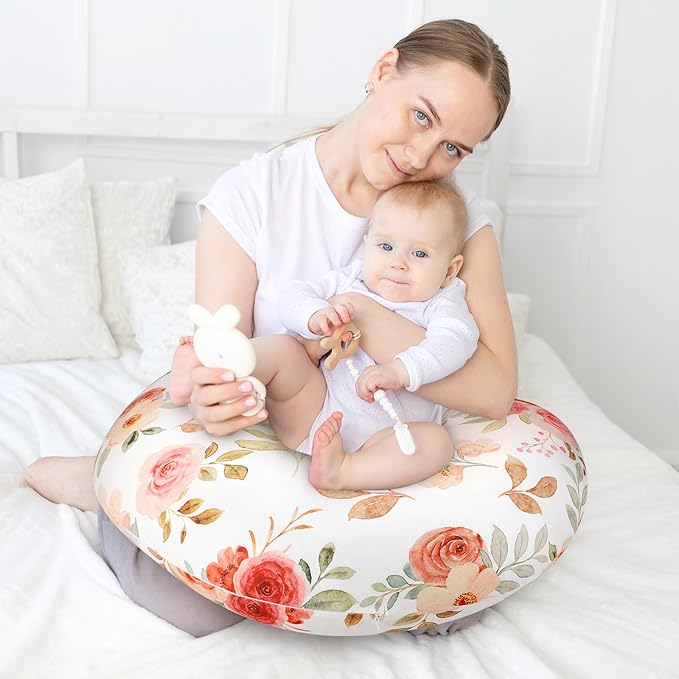 Nursing Pillow Cover, Breastfeeding Pillow Covers for Baby Girls Boys, Soft Stretchy Nursing Pillowcase for Infant Newborn, Removable Slipcover for Breast Feeding Pillows, Floral (Only Cover)