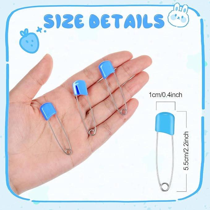 WILLBOND 8 Pcs Safety Pins 2.2 Inch Plastic Head Cloth Pins with Locking Closures Stainless Steel with Velvet Bag, Blue