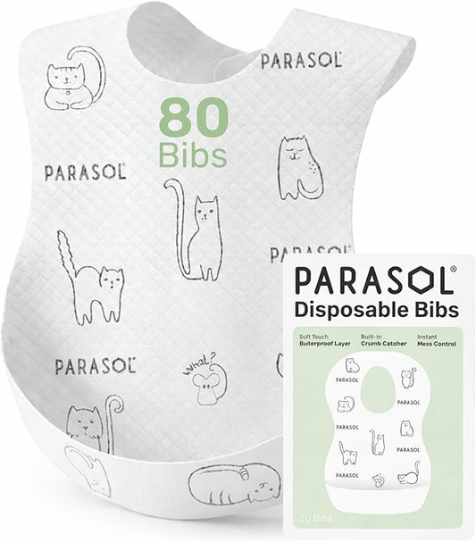 PARASOL Disposable Bibs, Soft-Absorbent Top Layer with Leak-Resistant Waterproof Backing, Built-In Crumb Catcher, Hypoallergenic, Disposable Bibs for Toddlers and Babies, 4 Boxes (20 Each), 80 Count