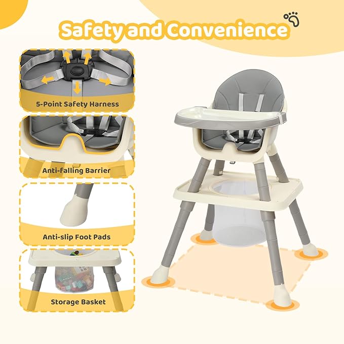 JOYMOR 7 in 1 High Chair for Babies and Toddlers, Convertible Kids Learning Table and Chair with Large Baske for Storage (Gray)
