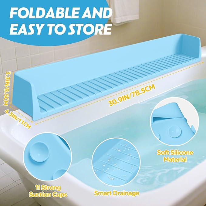 Ganaj Silicone Bathtub Splash Guard for Kids, Splash Guard for Bathtub with 11 Suction Cups,Toy Tray Caddy Holder for Tub,Prevents Water Spills in Bathroom, Bathtub Shelf for Kids (Baby Blue)