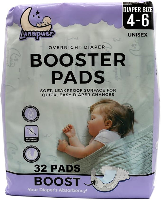 Diaper Booster Pads Overnight – Adhesive Diaper Inserts for Boys & Girls – Overnight Liners for Sizes 4–6 – Stops Leaks, Reduces Rash – Booster Pads Baby (32 ct.)