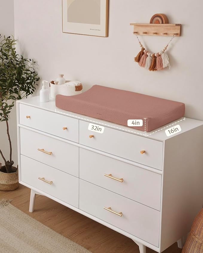 Blissful Diary Muslin Changing Pad Cover for Baby Girls, Ultra Soft Breathable Cotton, Baby Diaper Change Table Pad Covers, 2Pack (Blush Bunny & Dusty Pink)