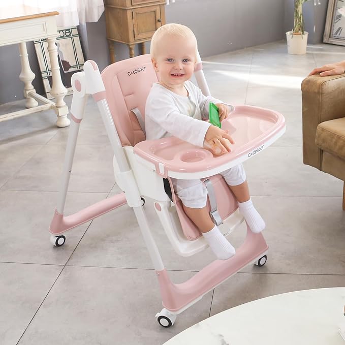 Cochildor 3-in-1 Foldable High Chair for Babies & Toddlers – Adjustable Height, Reclining Seat, 5-Point Safety Harness, Removable Tray, Lockable Wheels, Washable Cushion – Portable & Easy Clean, Pink