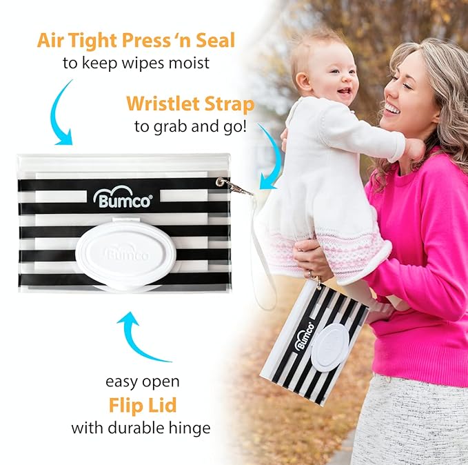 BUMCO Airtight Wipes Dispenser, Keeps Wet, Reusable Refillable Pouch, Diaper Bag Organizer for Travel, Carrying Clutch, Unique Baby Gift for Girl Boy [Black]