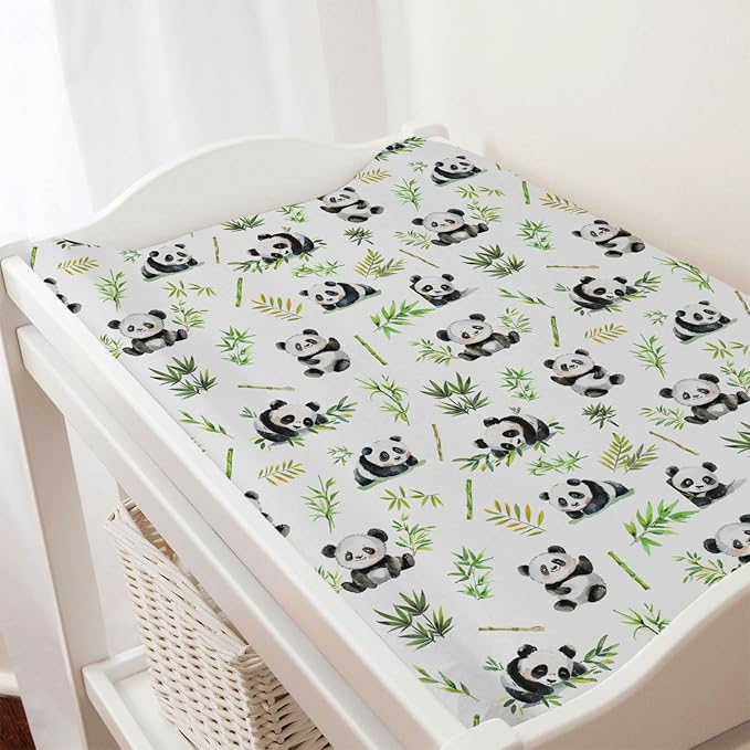 Watercolor Panda Green Leaves Baby Changing Pad Cover Sheets for Boy Girl 32''x16'' Cute Bear Unisex Fitted Diaper Changing Table Sheets Soft Breathable Baby Changing Table Mats