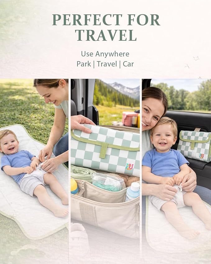 PZU Portable Diaper Changing Pad - Waterproof Travel Changing Mat with Built-in Pillow, Gifts for Baby Shower, Newborn Girls & Boys（Sage Checkers）
