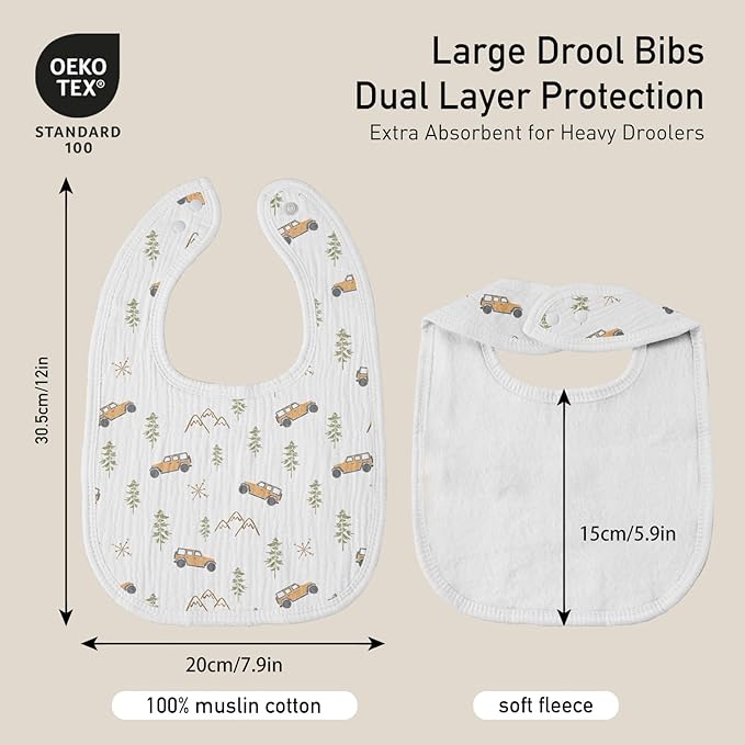 GLLQUEN BABY Muslin Drool Bibs for Boys Girls 6 Pack, Adjustable Baby Bibs for Drooling and Teething, Soft Cotton Baby Bandana Bib for Newborn Feeding Essentials (Cross-country Adventure)