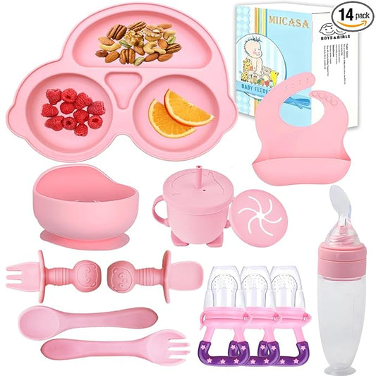 Silicone Baby Feeding Set,Miicasa Baby Led Weaning Supplies Kit With Suction Bowl & Car Plate, Bib, Spoon, Fork, Cup - Food-Grade Silicone, Dishwasher-Safe, No BPAs - For 3+ Months
