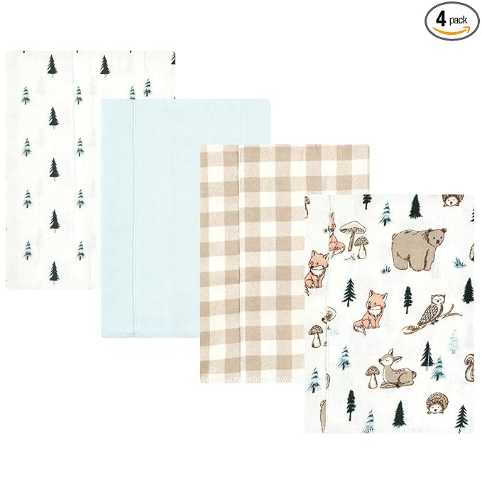 Hudson Baby Unisex Baby Cotton Flannel Burp Cloths, Boy Woodland Pals 4-Pack, One Size