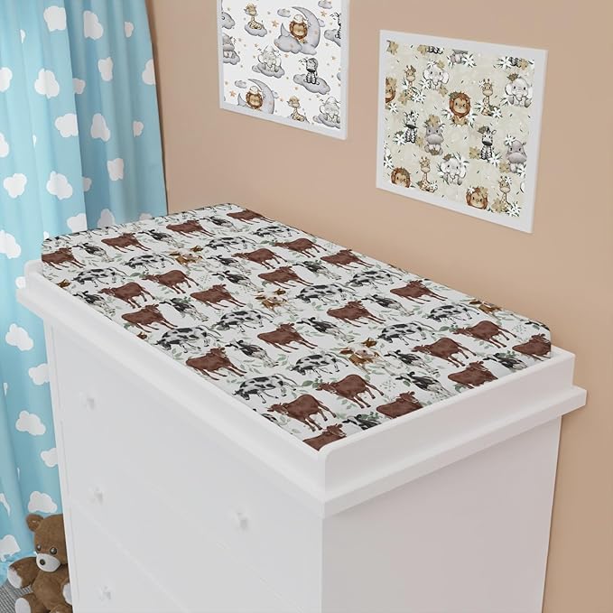 Cute Cows Changing Pad Covers Watercolor Cows Green Leaves Baby Nursery Diaper Changing Pad Sheets for Boys Girls Ultra Soft Breathable Stretch Changing Table Mat Sheets Cover 32''x16''